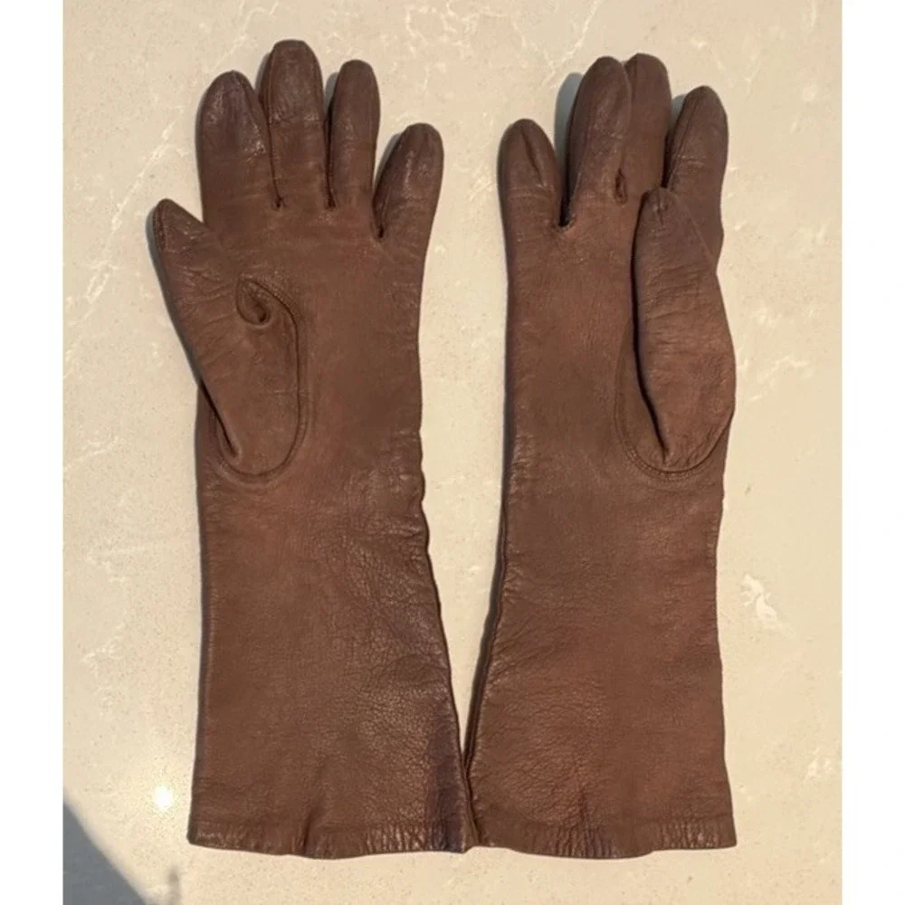 Vintage Brown Leather Opera Gloves Women's Silk Lined Long Dress Evening M